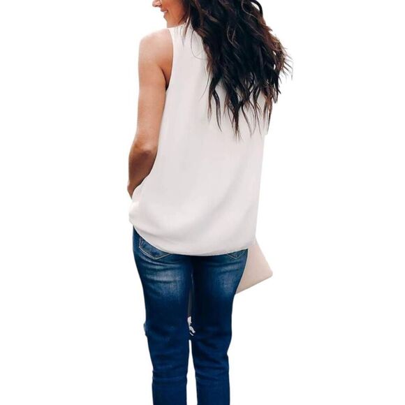 ALLIMY WHITE WOMEN SUMMER RUFFLE TRIM NECKLINE TANK TOPS DOUBLE LINED CHIFFON BL - Picture 4 of 12